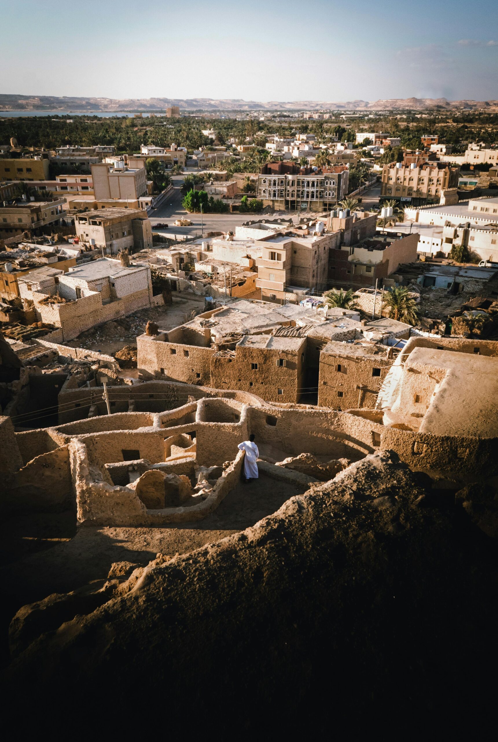 A scenic view of the ancient Shali fortress overlooking Siwa Oasis in Marsa Matrouh, Egypt.
